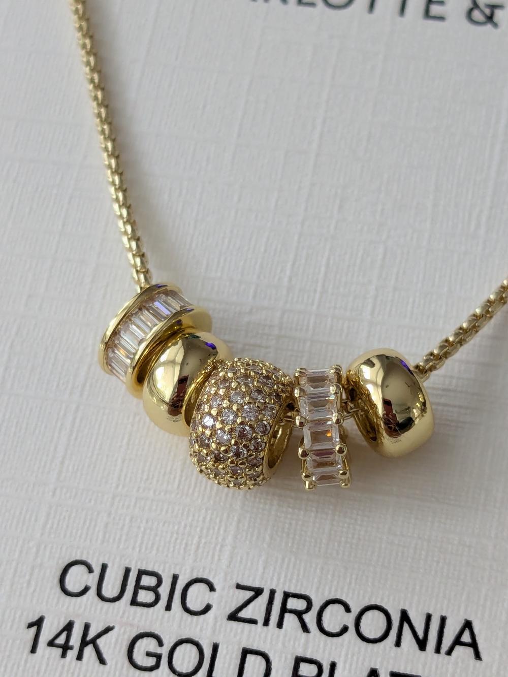 14K Gold-Plated Cubic Zirconia Roller Charms Beaded Necklace - NEW